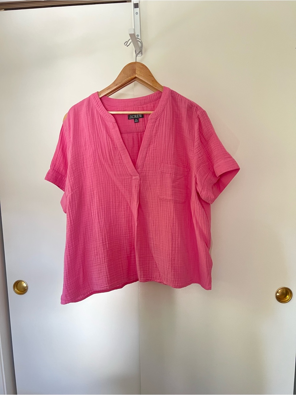 J. Crew Bright Pink Short-Sleeve V-Neck Cotton Gauze Popover Top XXL